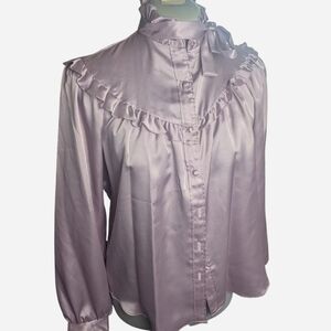 70s Vintage Lavender Mauve Satin Ruffle Blouse Romantic Cottagecore Victorian